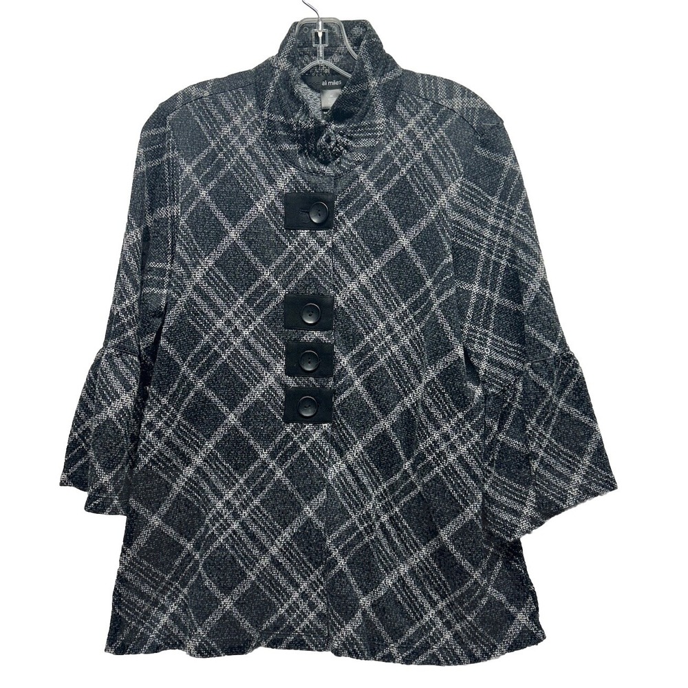 Ali Miles Womens Size M Gray 3/4 Sleeve Button Down Plaid Top (M7)